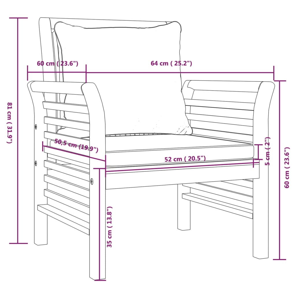 Solid Wood Acacia Sofa Chairs Set, Dark Grey Cushions, 2 pcs