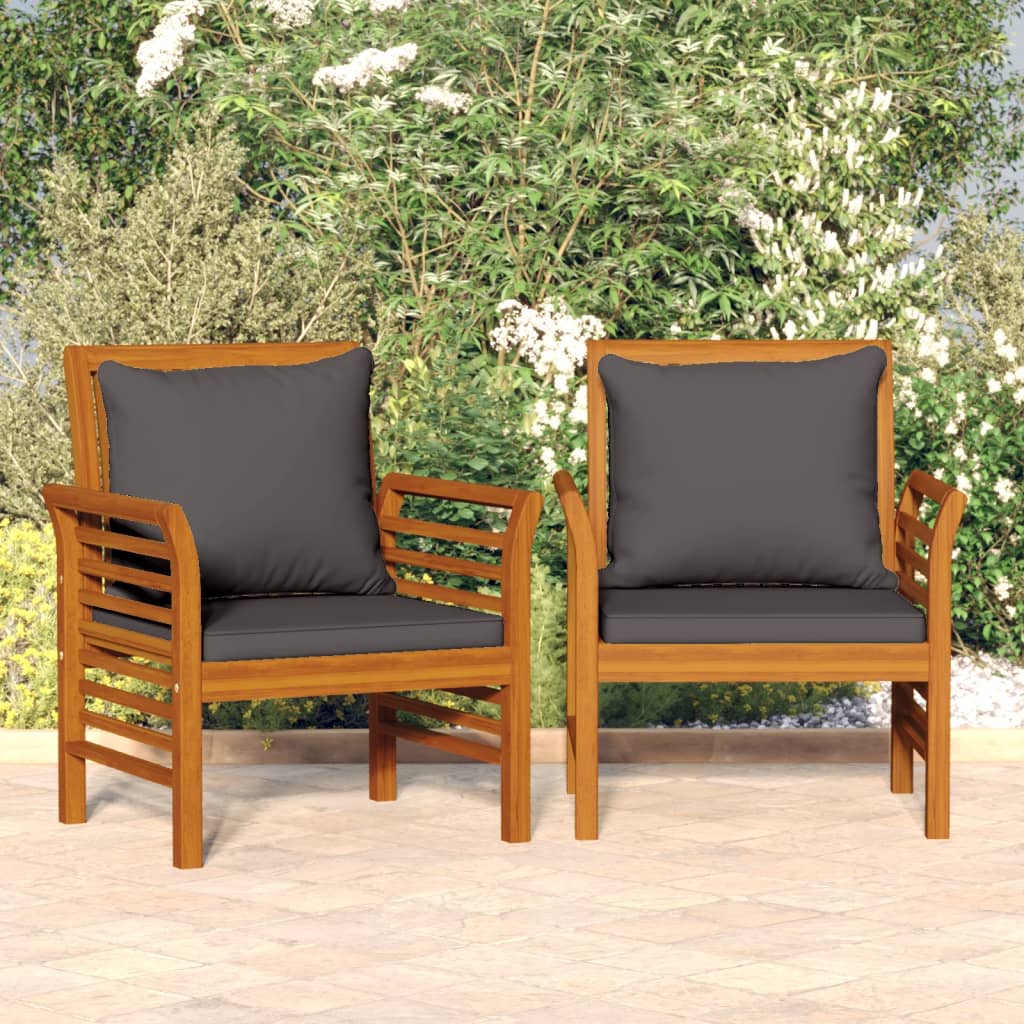 Solid Wood Acacia Sofa Chairs Set, Dark Grey Cushions, 2 pcs