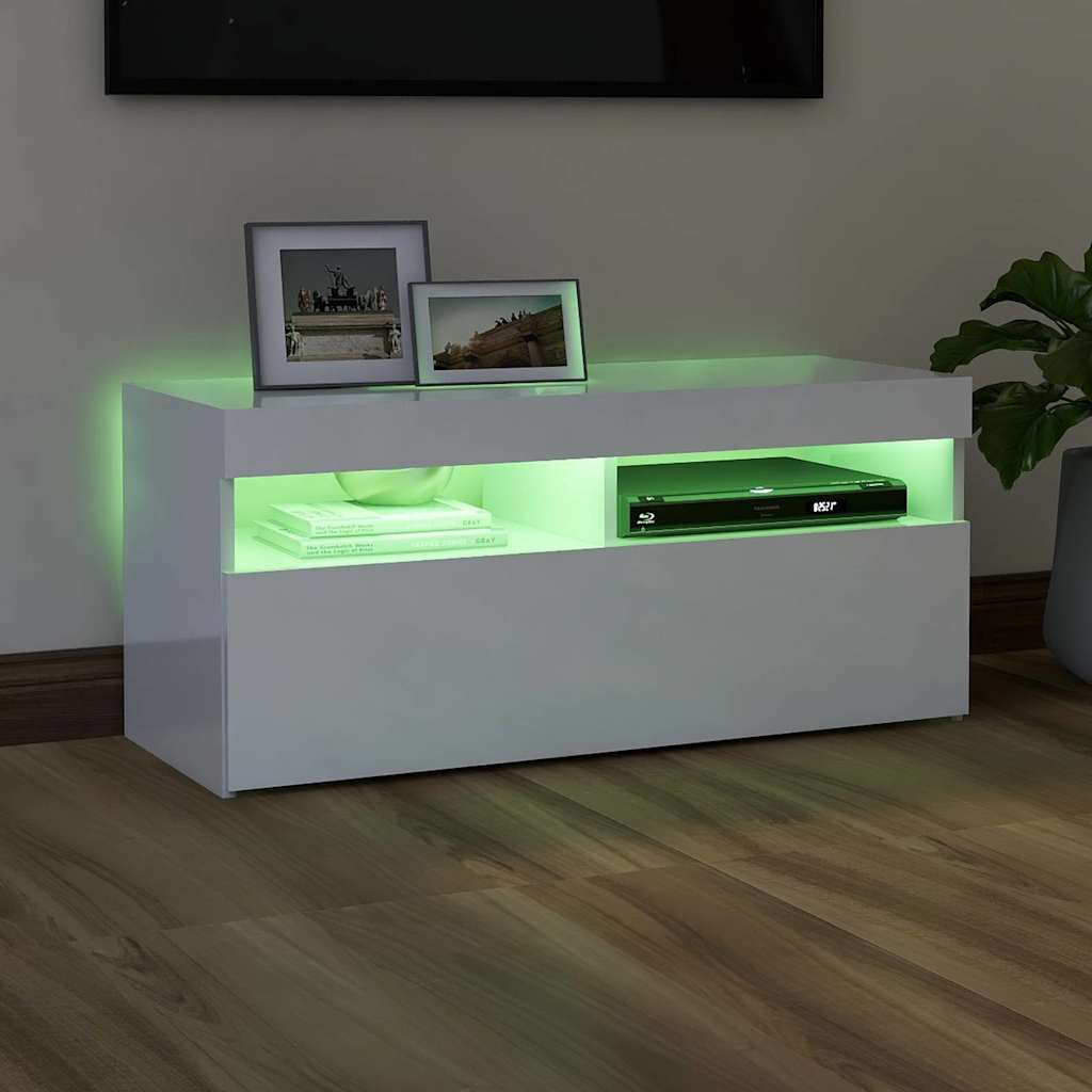 TV Cabinet with LED Lights High Gloss White 90x35x40 cm