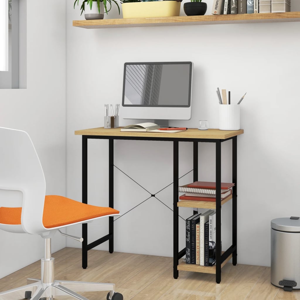 Black and Light Oak Computer Desk, 80x40x72 cm, MDF & Metal