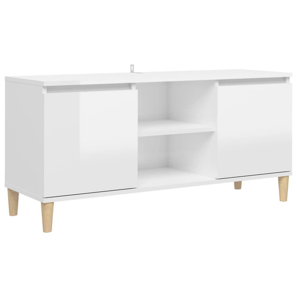 TV Cabinet & Solid Wood Legs High Gloss White 103.5x35x50 cm