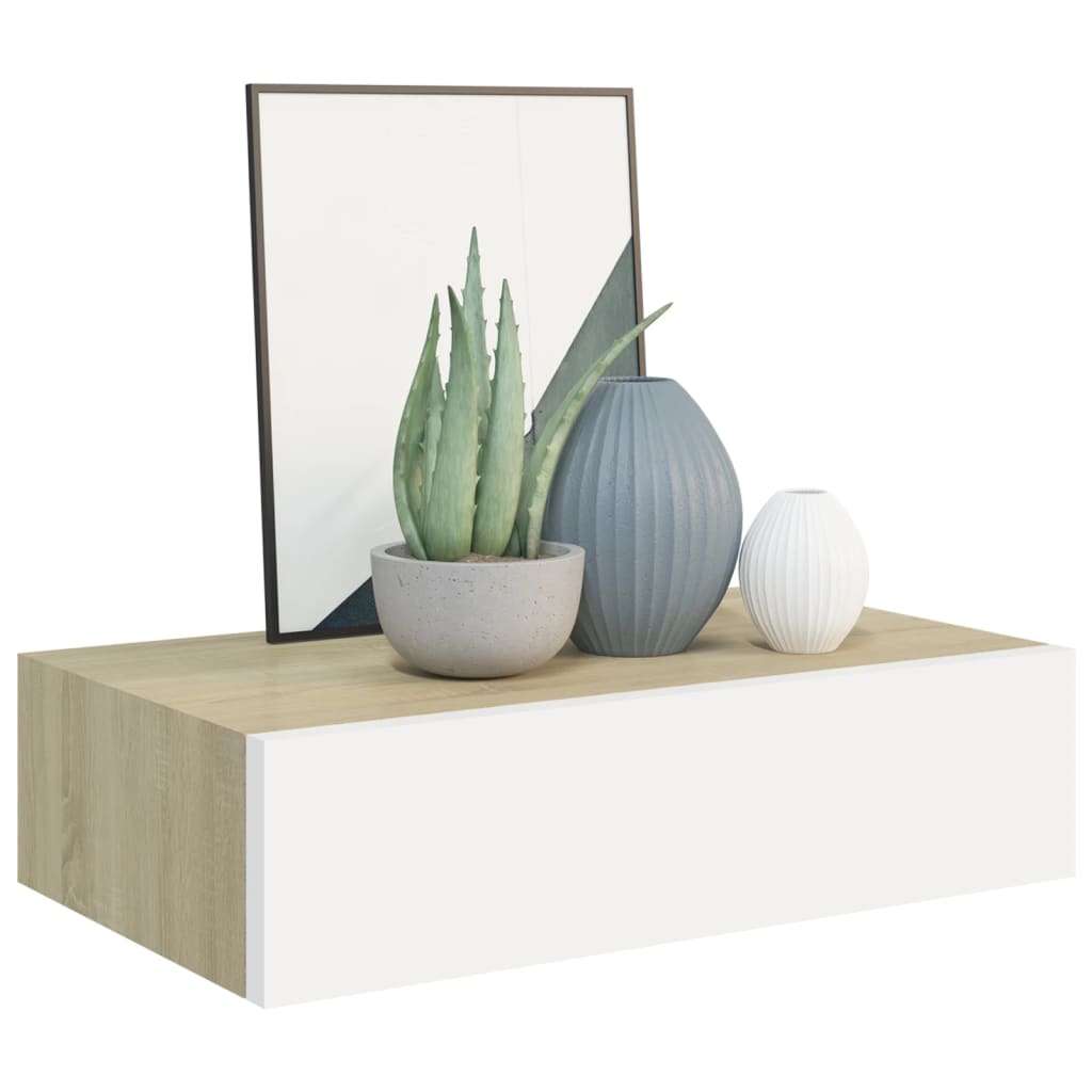 Oak & White Wall Drawer Shelves 2 pcs - 40x23.5x10cm MDF