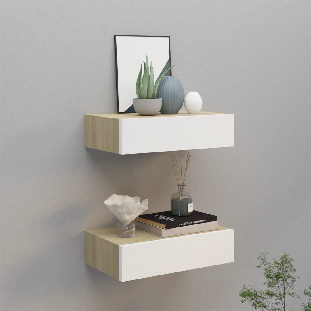 Oak & White Wall Drawer Shelves 2 pcs - 40x23.5x10cm MDF