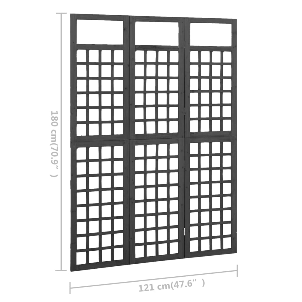 Black Solid Fir Wood 3-Panel Room Divider/Trellis - 121x180 cm