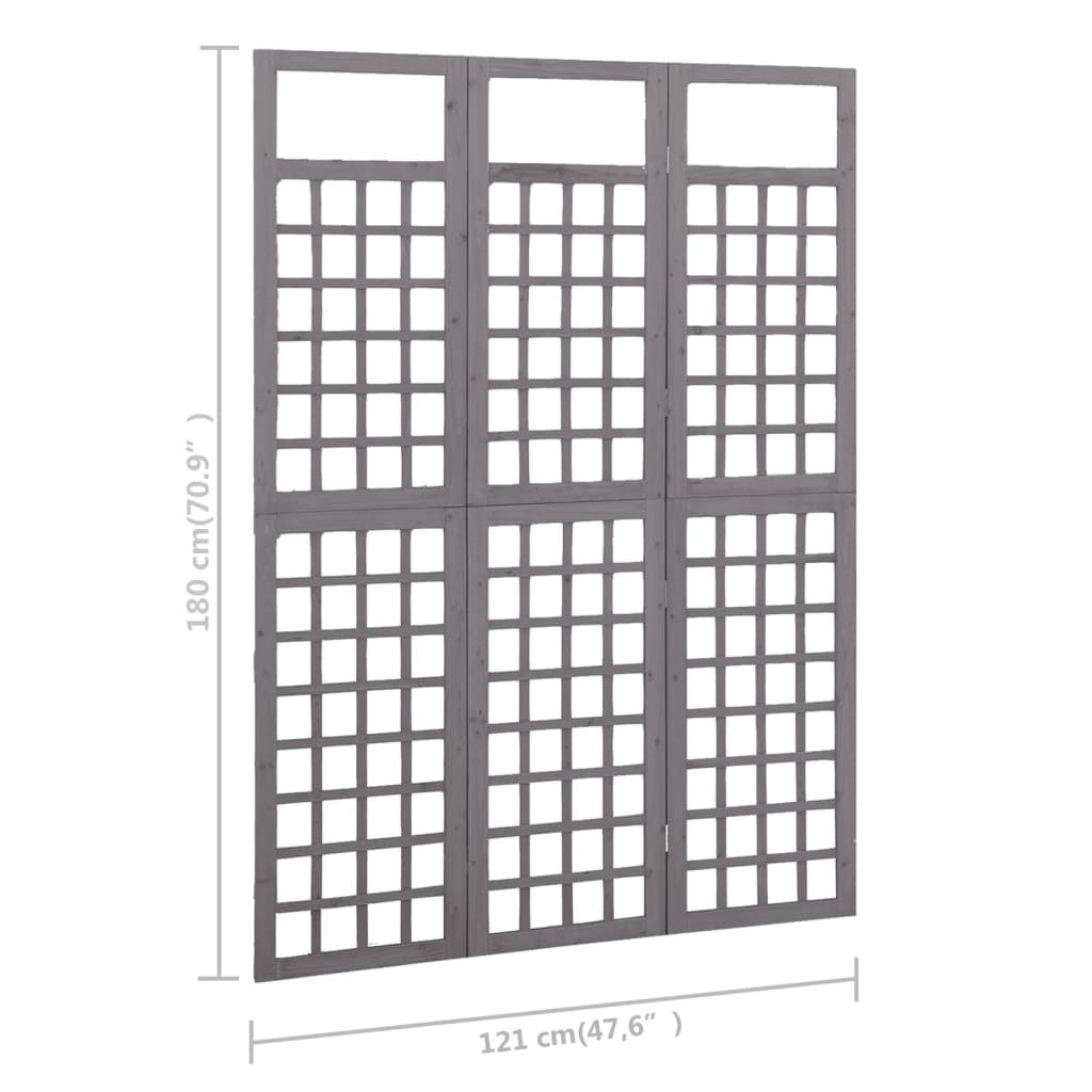 Solid Fir Wood Grey 3-Panel Room Divider/Trellis - 121x180 cm