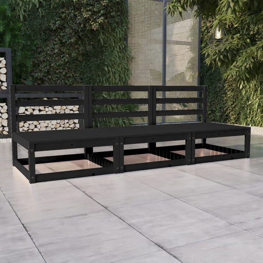 Elegant Black Solid Pinewood 3-Seater Garden Sofa