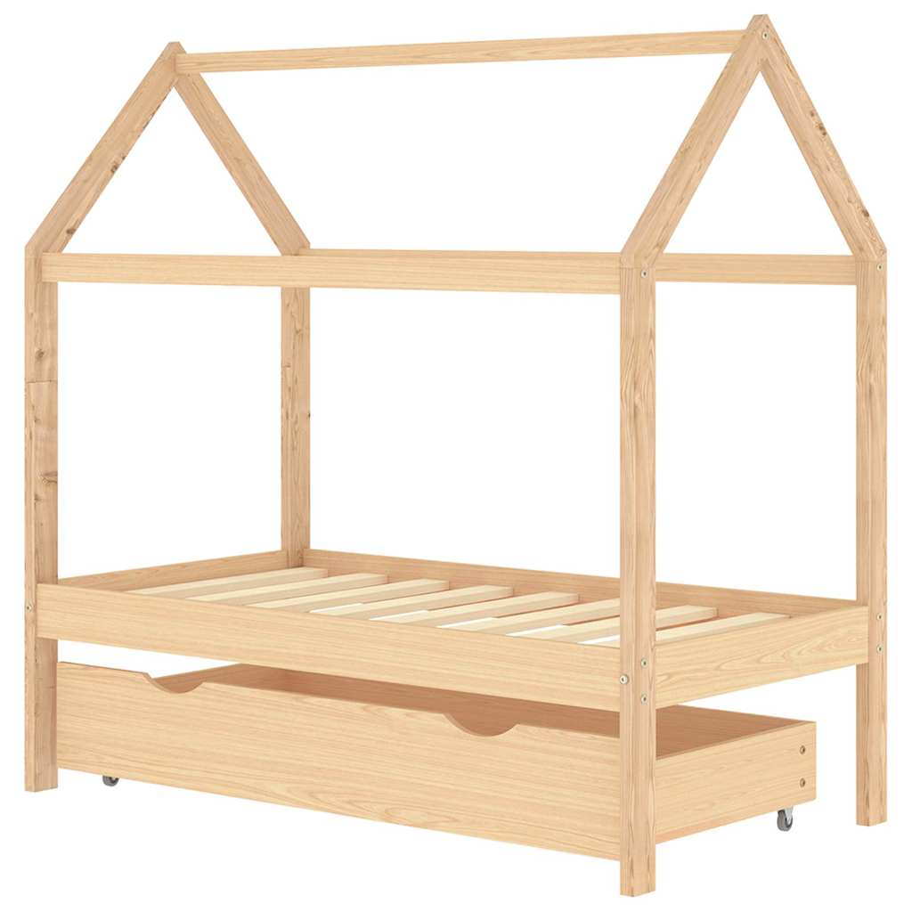 Solid Pine Kids Bed Frame with Drawer, 70x140 cm - Natural Wood