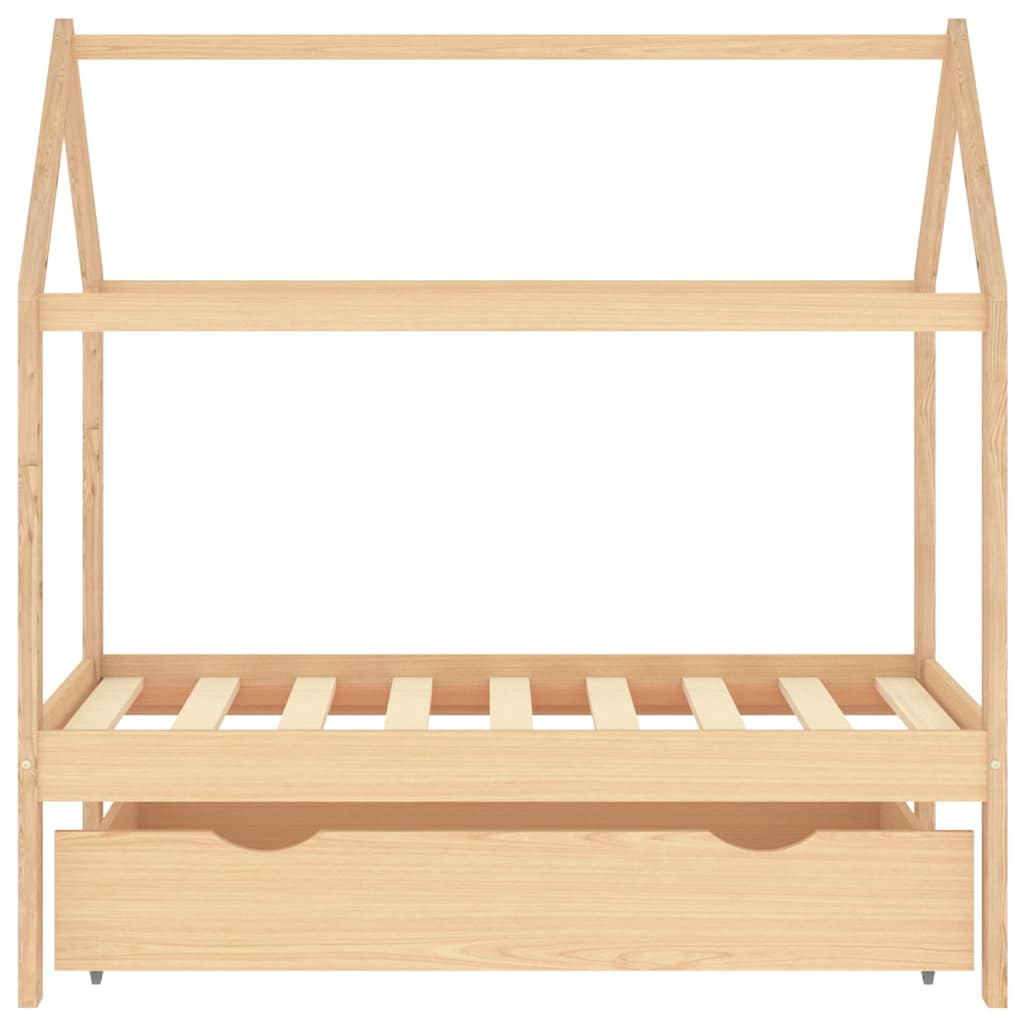 Solid Pine Kids Bed Frame with Drawer, 70x140 cm - Natural Wood