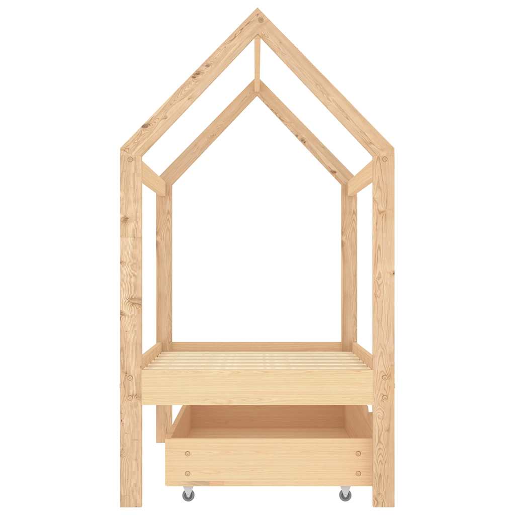 Solid Pine Kids Bed Frame with Drawer, 70x140 cm - Natural Wood