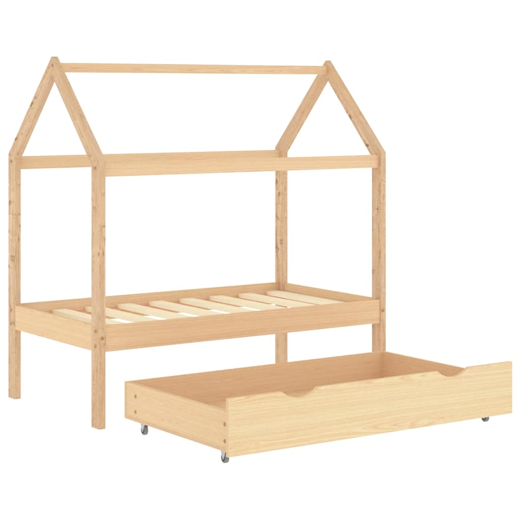 Solid Pine Kids Bed Frame with Drawer, 70x140 cm - Natural Wood
