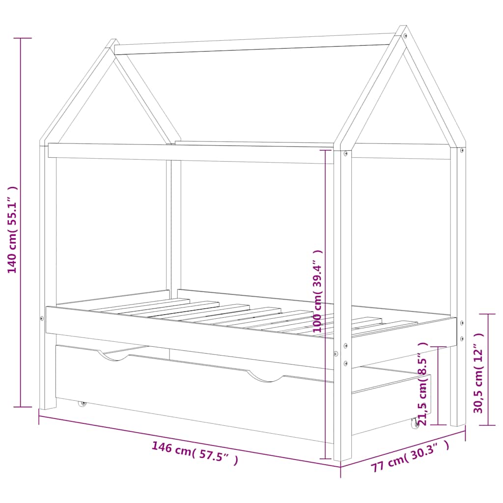 Solid Pine Kids Bed Frame with Drawer, 70x140 cm - Natural Wood