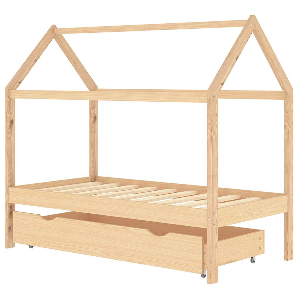 Solid Pine Kids Bed Frame 80x160 cm with Drawer - Natural Wood