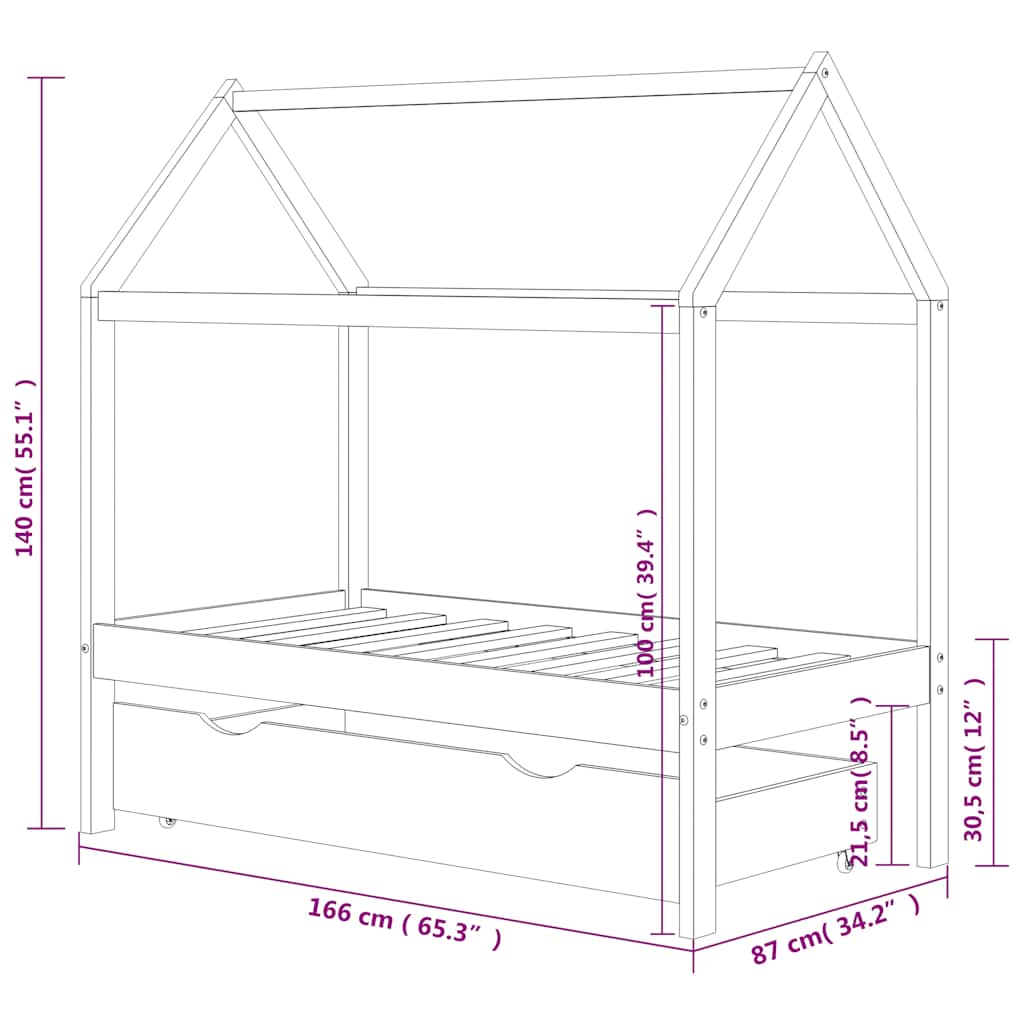 Solid Pine Kids Bed Frame 80x160 cm with Drawer - Natural Wood