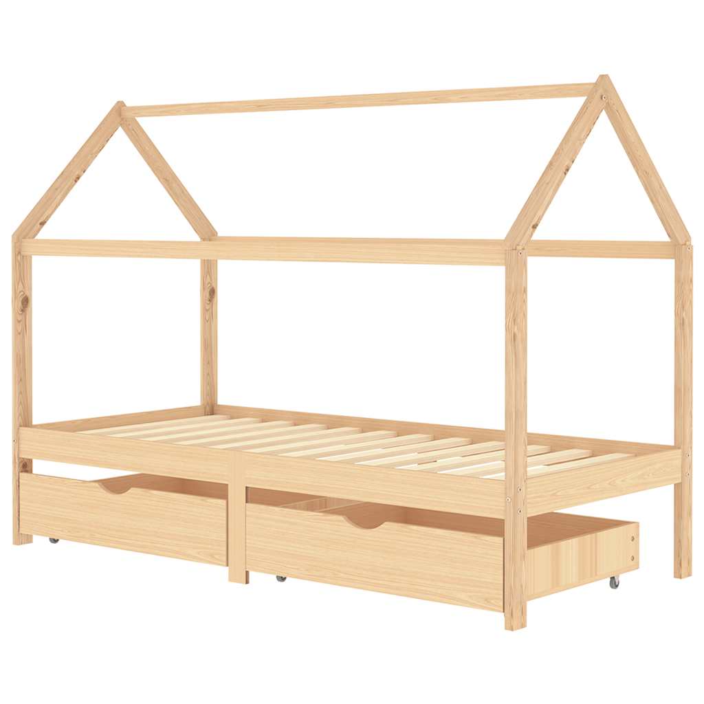 Solid Pine Wood Kids Bed Frame with Drawers, 90x200 cm, White