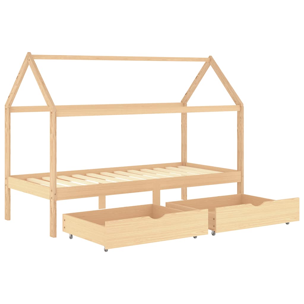 Solid Pine Wood Kids Bed Frame with Drawers, 90x200 cm, White