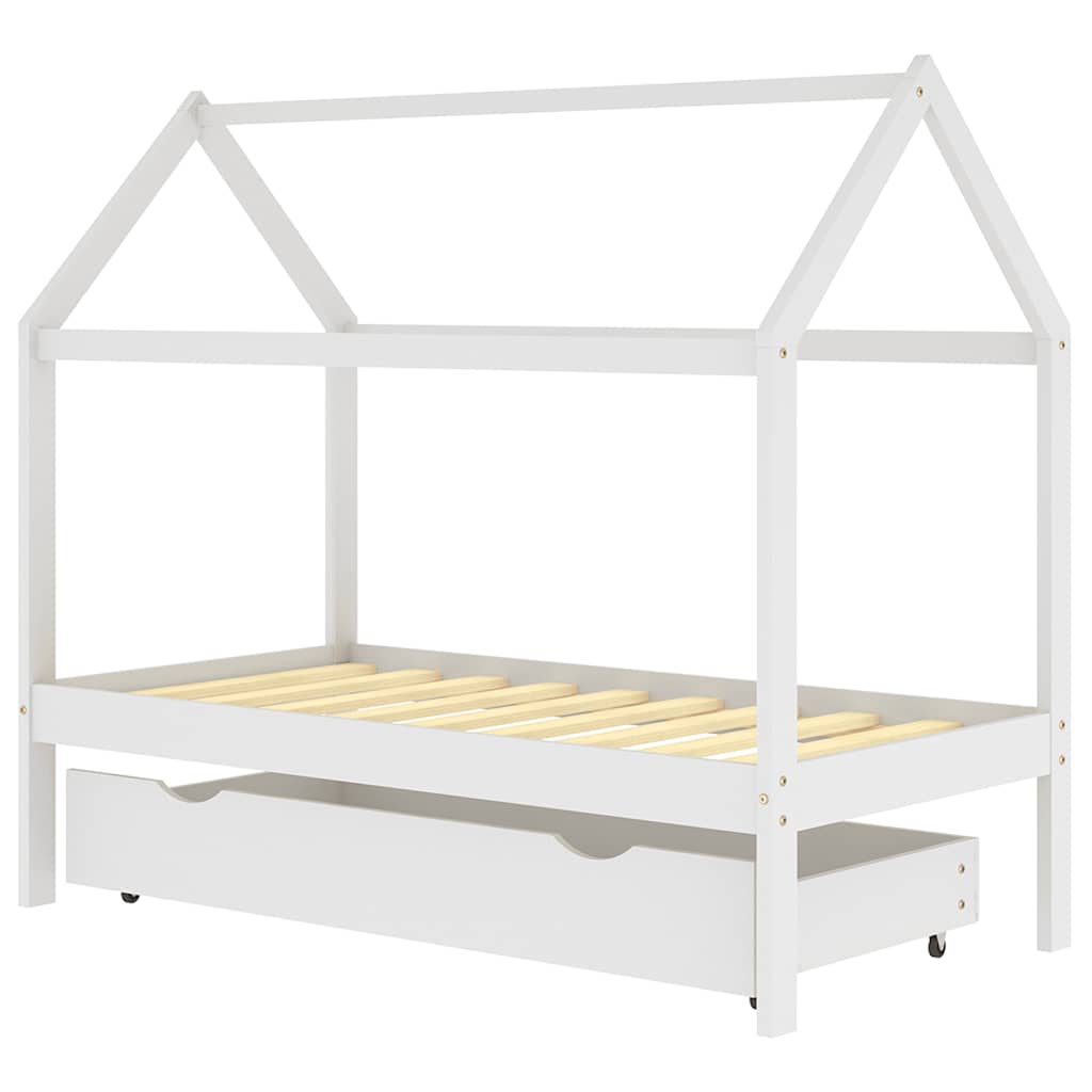 White Pine Wood Kids Bed Frame with Drawer, 80x160 cm