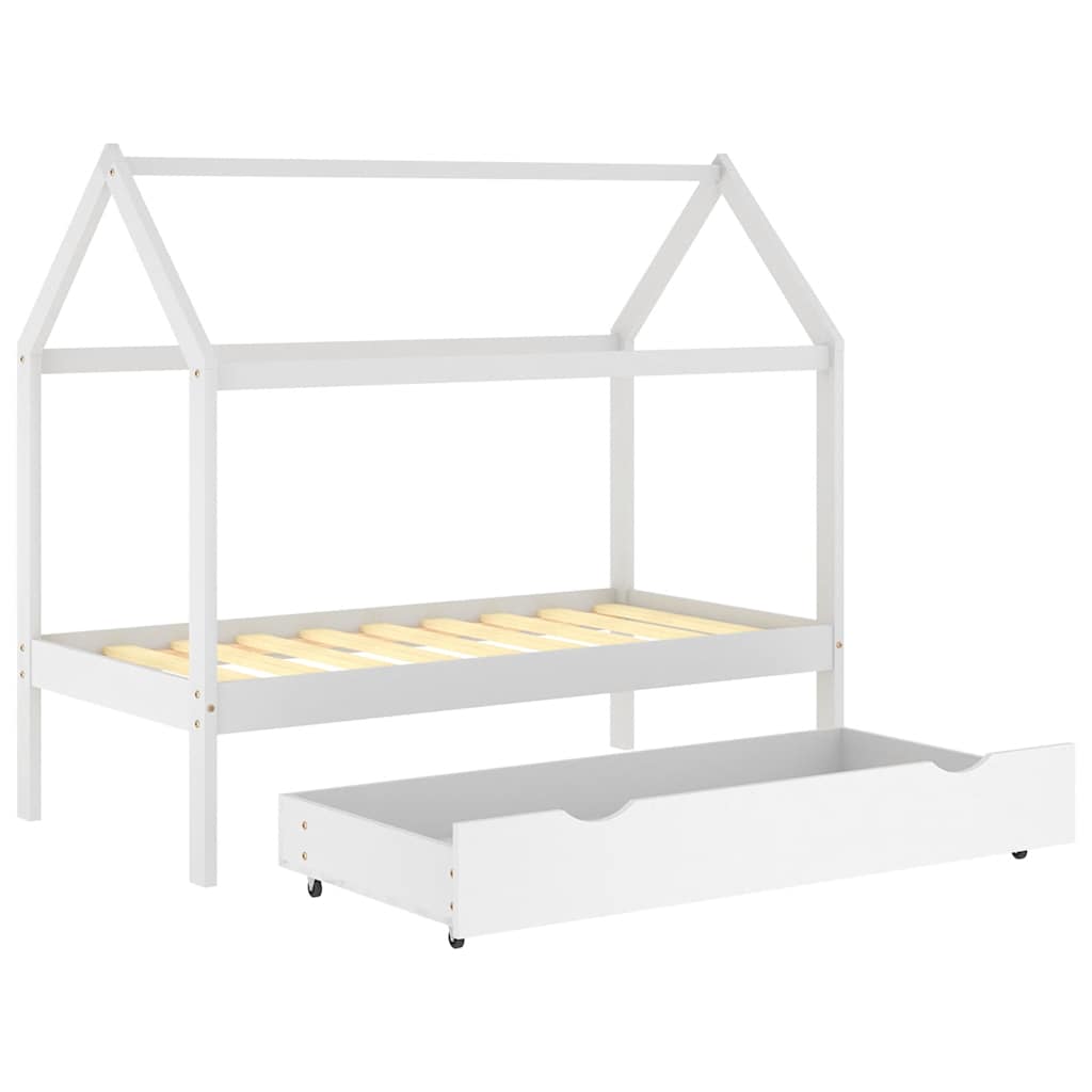 White Pine Wood Kids Bed Frame with Drawer, 80x160 cm