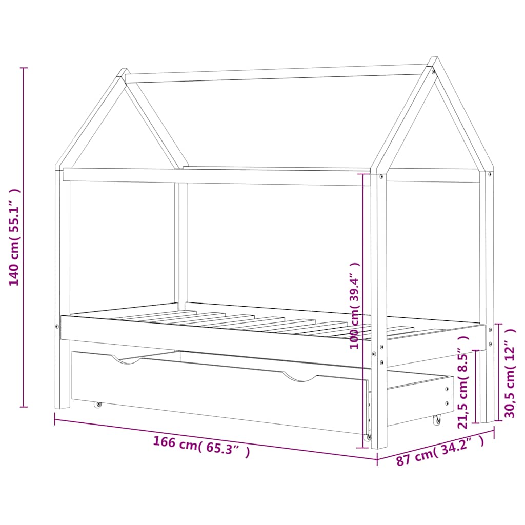 White Pine Wood Kids Bed Frame with Drawer, 80x160 cm