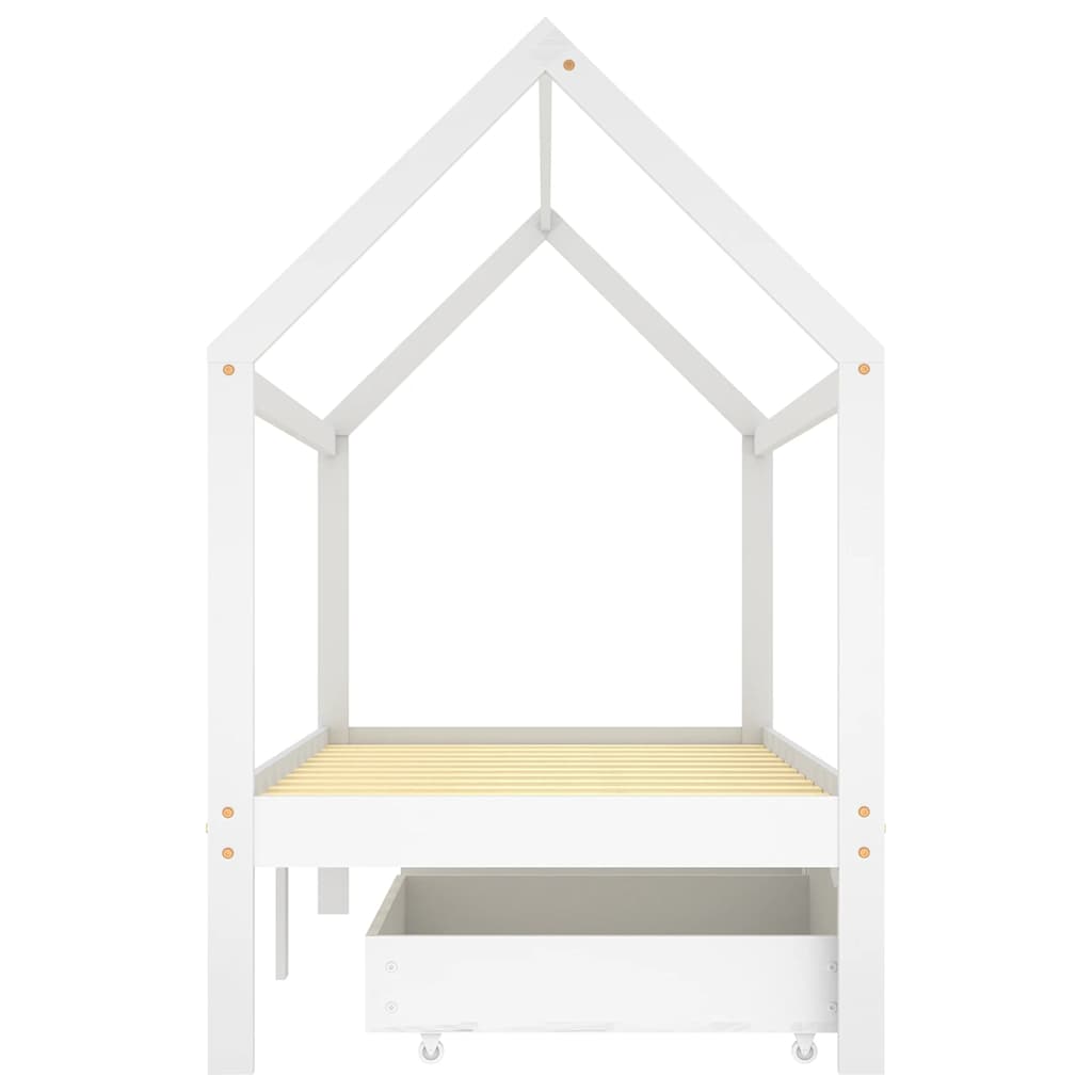 White Solid Pine Kids Bed Frame with Drawers - 90x200 cm