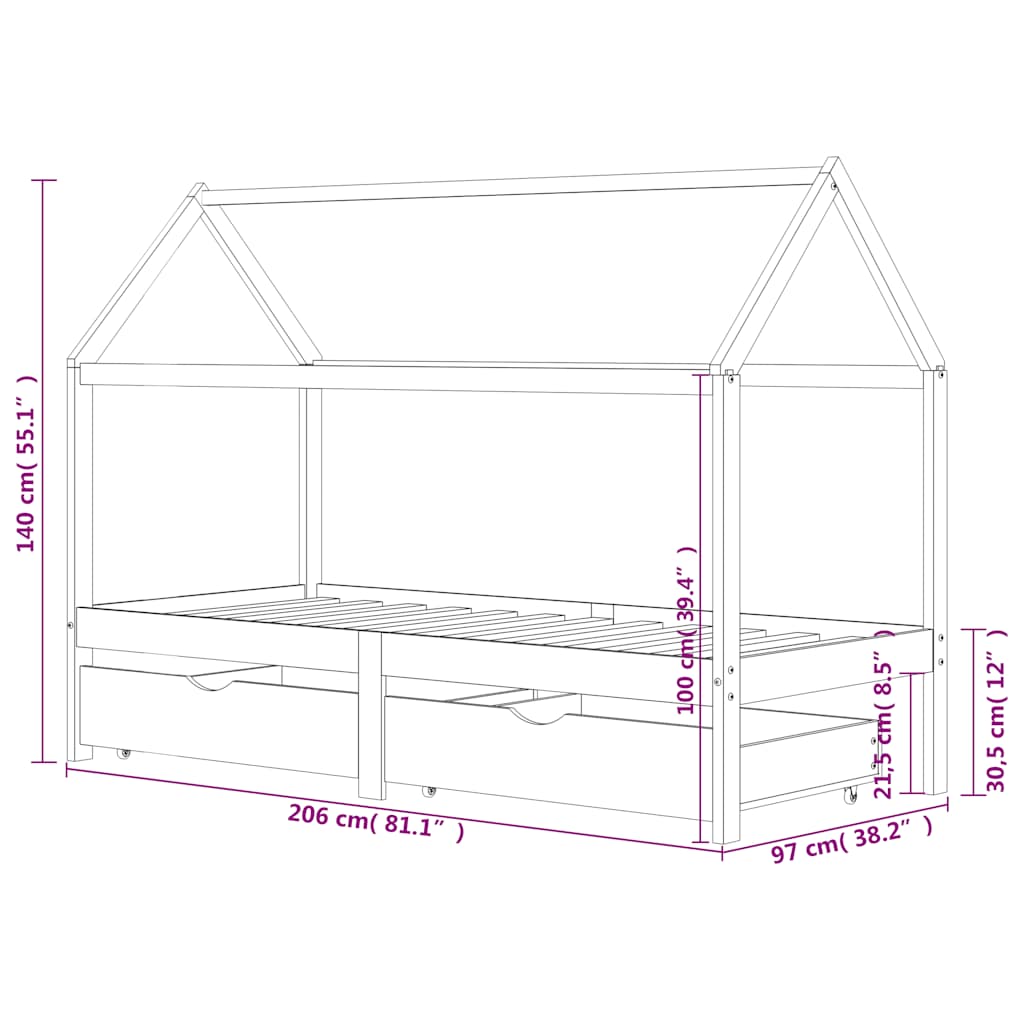 White Solid Pine Kids Bed Frame with Drawers - 90x200 cm