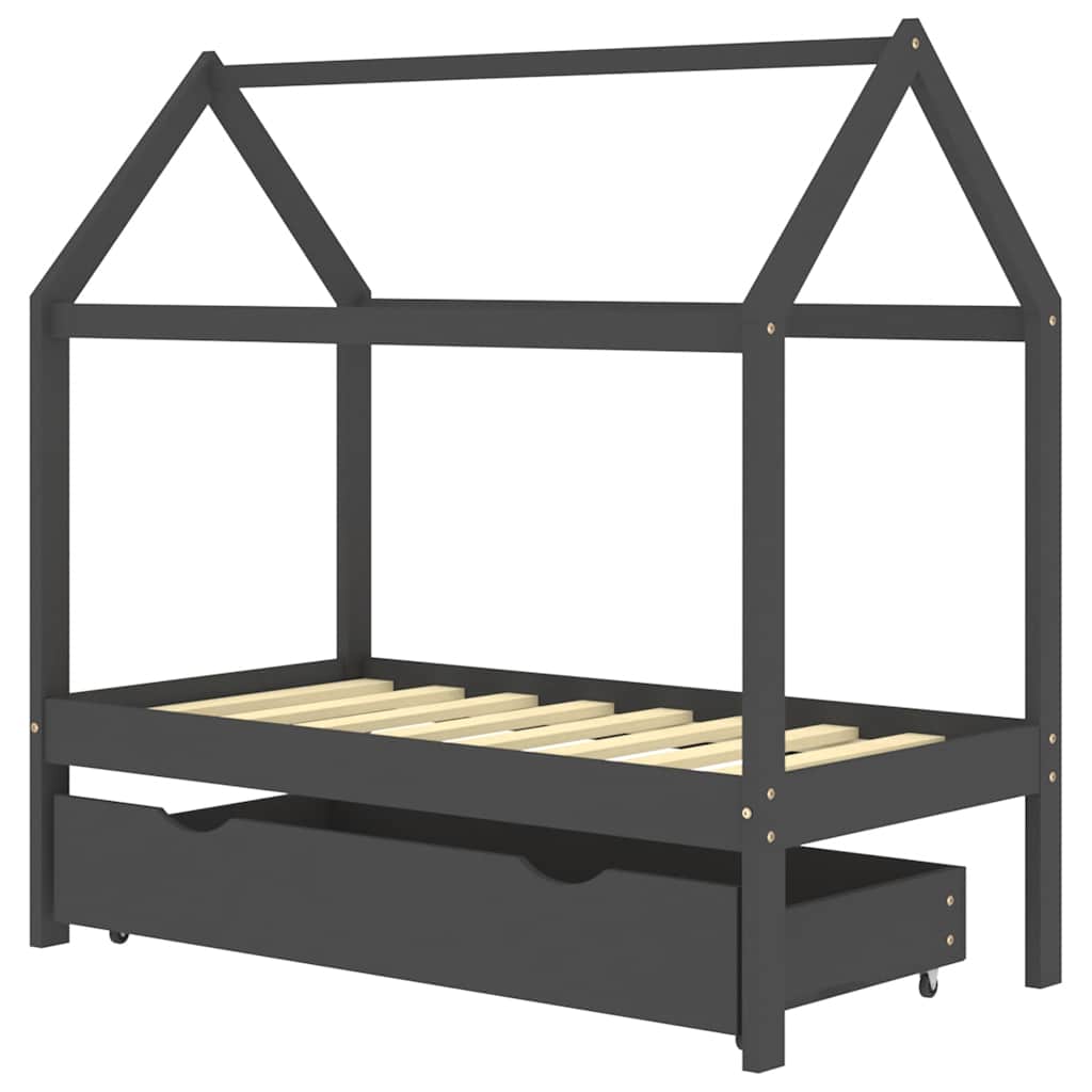 Kids Dark Grey Solid Pine Wood Bed Frame with Drawer 70x140cm