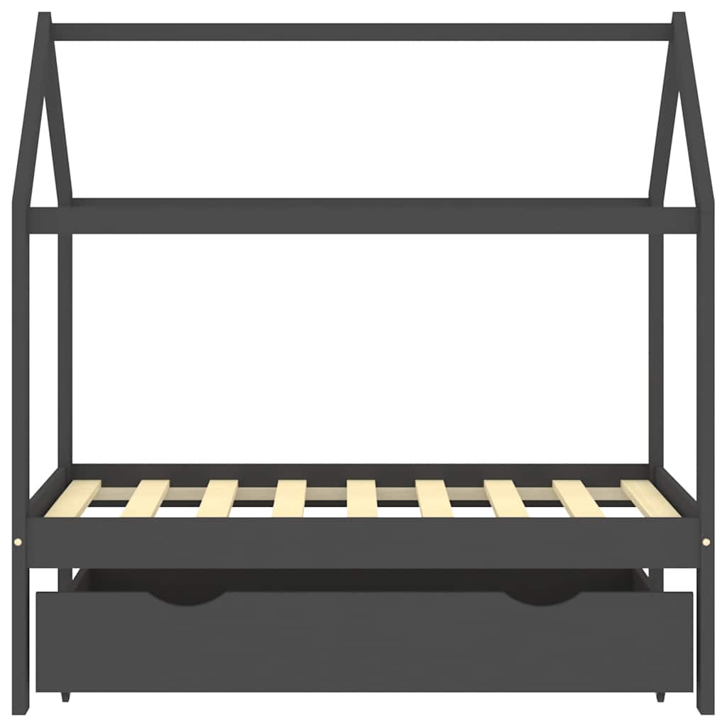 Kids Dark Grey Solid Pine Wood Bed Frame with Drawer 70x140cm