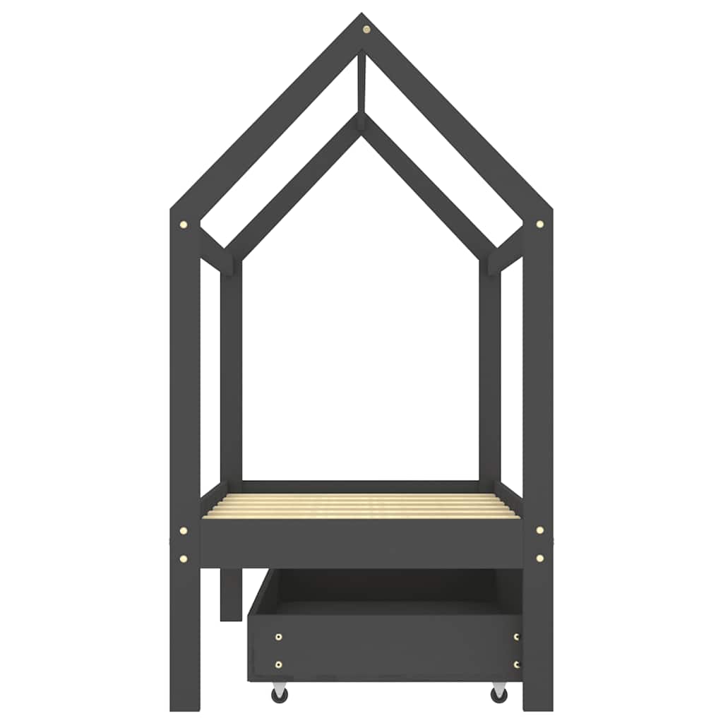 Kids Dark Grey Solid Pine Wood Bed Frame with Drawer 70x140cm