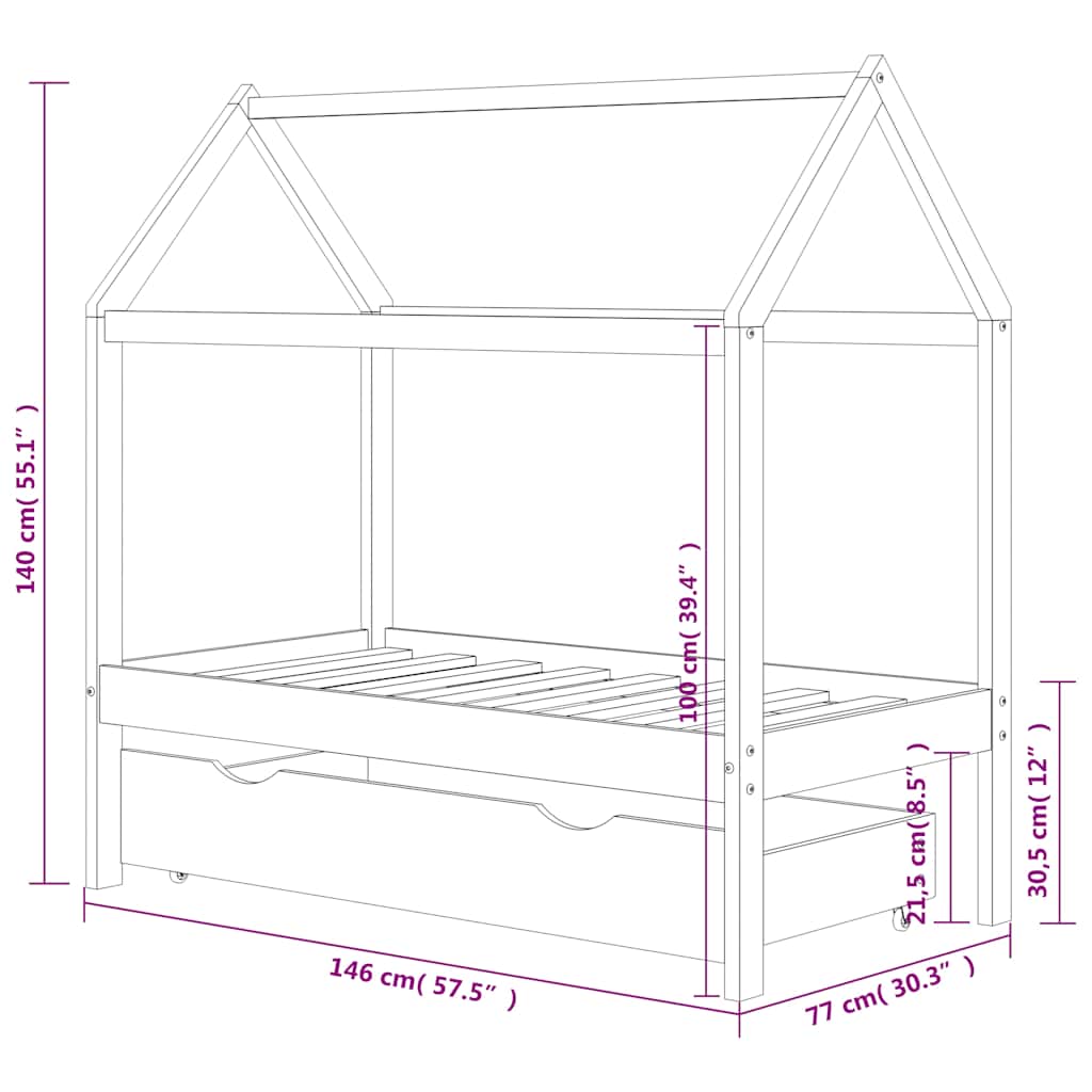 Kids Dark Grey Solid Pine Wood Bed Frame with Drawer 70x140cm