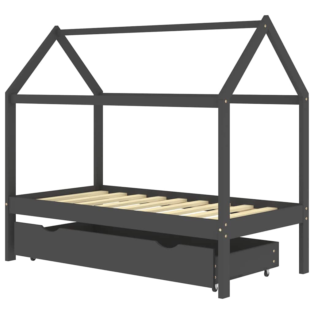 Dark Grey Kids Bed Frame with Drawer, Solid Pine Wood, 80x160cm