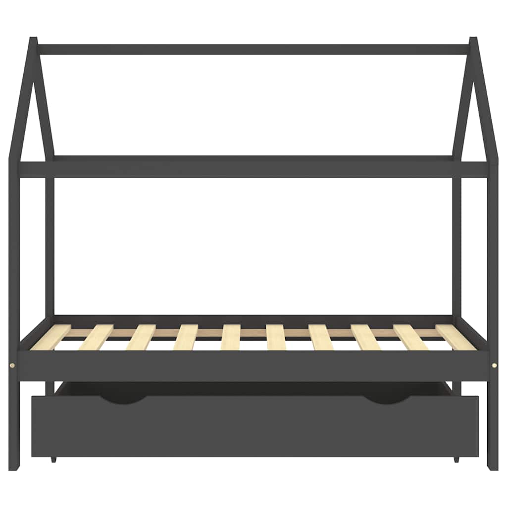 Dark Grey Kids Bed Frame with Drawer, Solid Pine Wood, 80x160cm