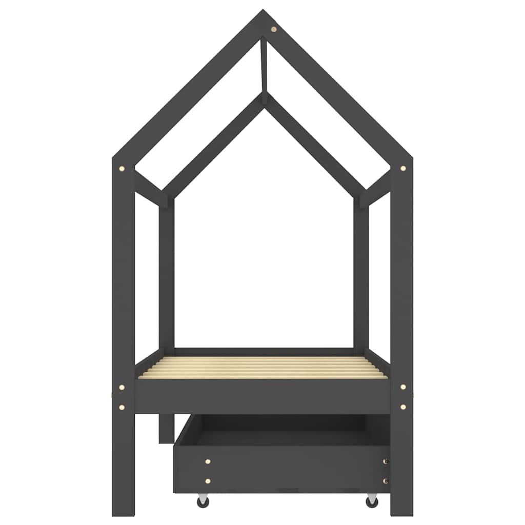 Dark Grey Kids Bed Frame with Drawer, Solid Pine Wood, 80x160cm