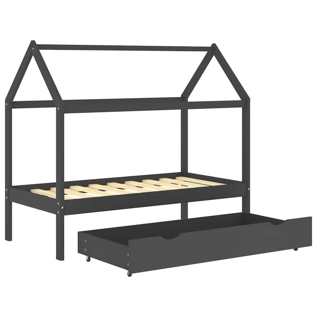 Dark Grey Kids Bed Frame with Drawer, Solid Pine Wood, 80x160cm