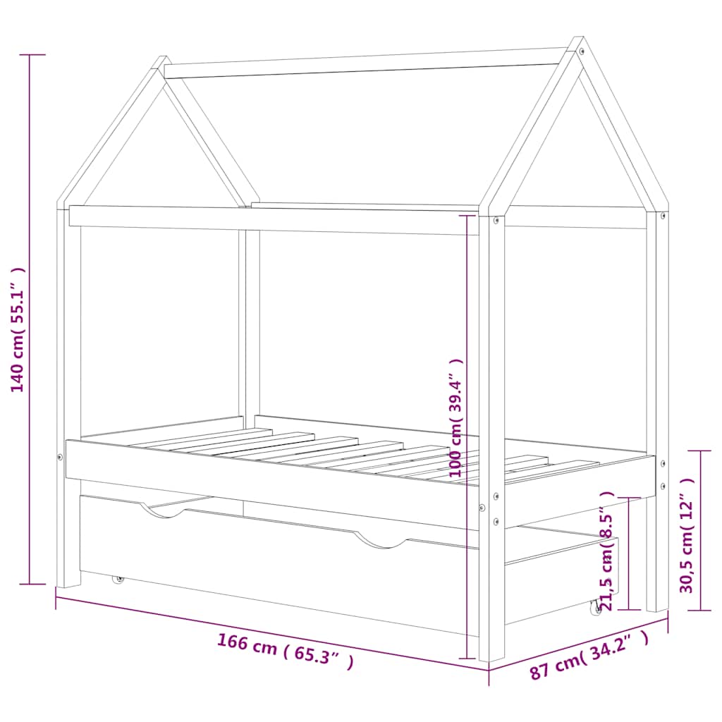 Dark Grey Kids Bed Frame with Drawer, Solid Pine Wood, 80x160cm