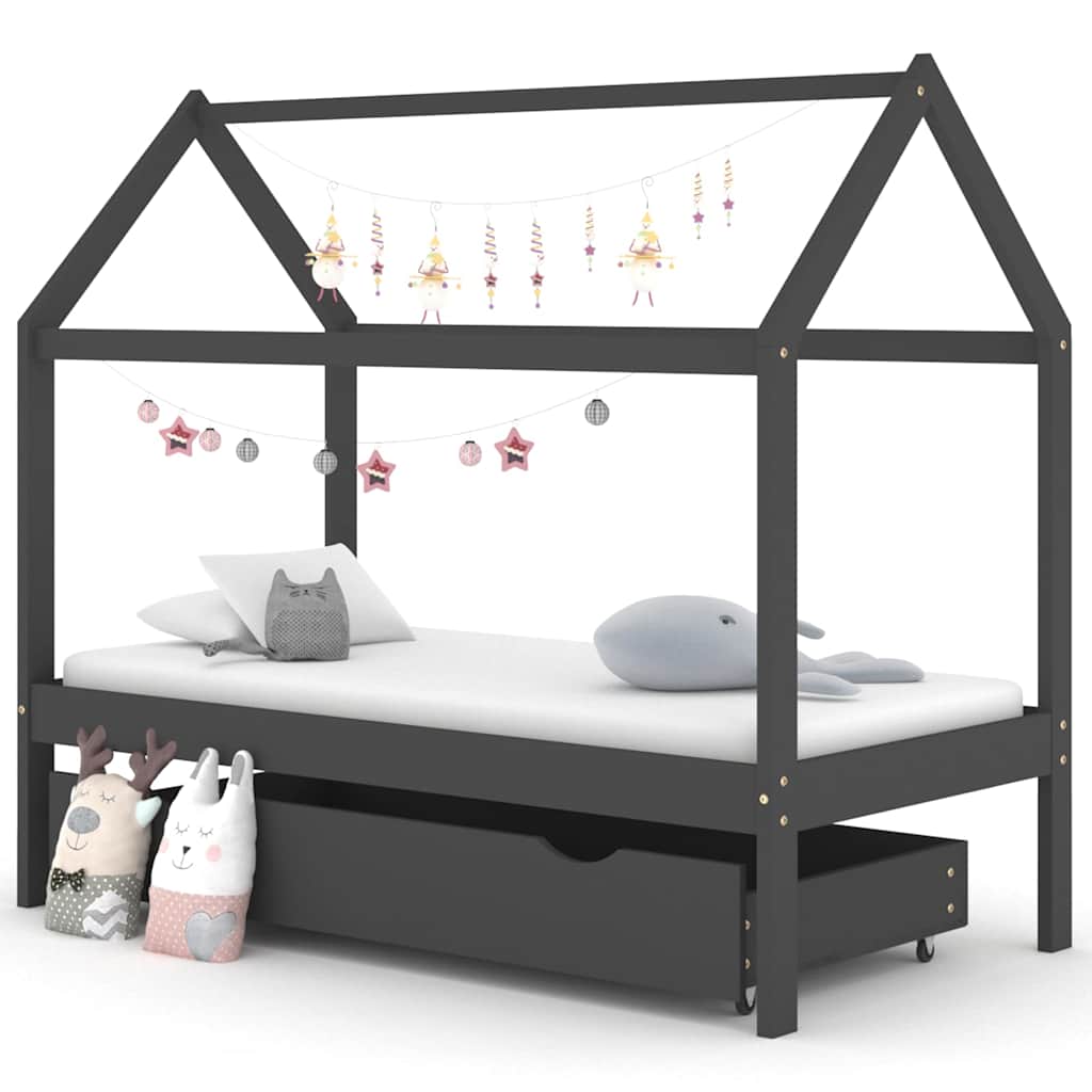 Dark Grey Kids Bed Frame with Drawer, Solid Pine Wood, 80x160cm