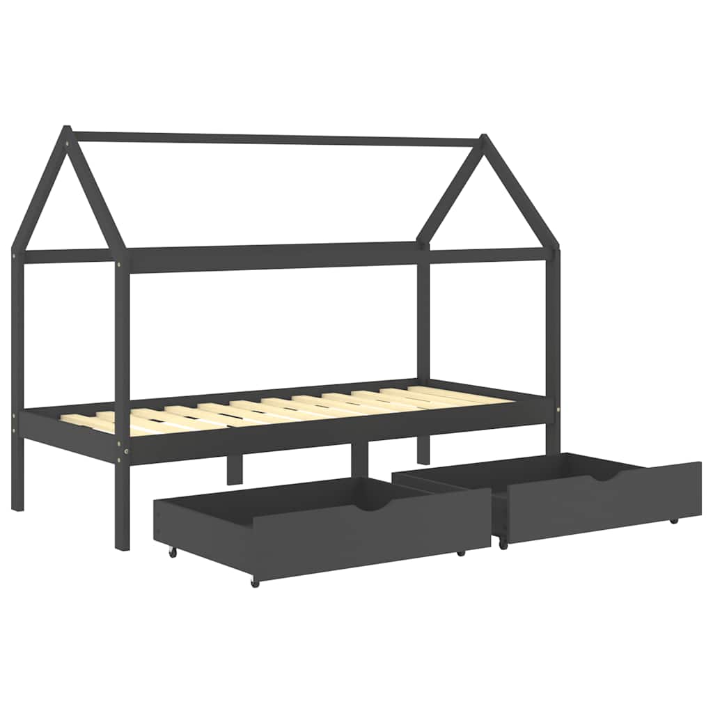 Kids Dark Grey Pine Wood Bed Frame with Drawers 90x200cm