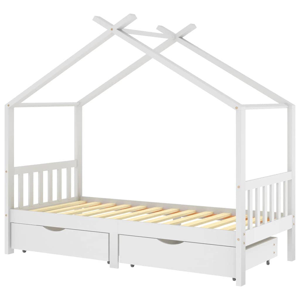 White Pine Wood Kids Bed Frame with Drawers - 90x200 cm