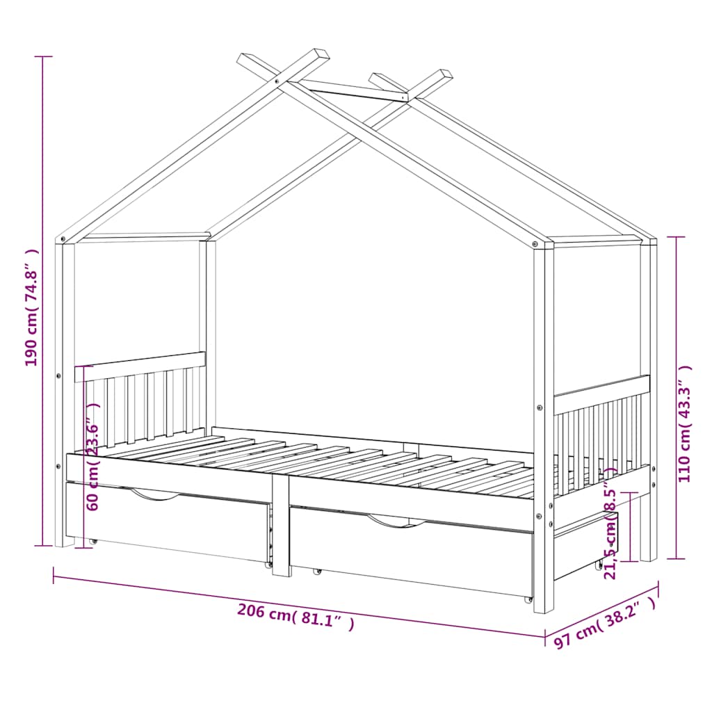 White Pine Wood Kids Bed Frame with Drawers - 90x200 cm