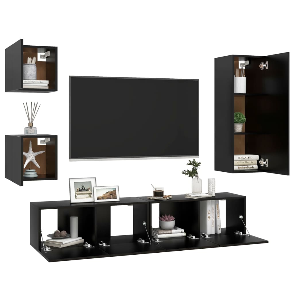 5 Piece TV Cabinet Set Black Engineered Wood