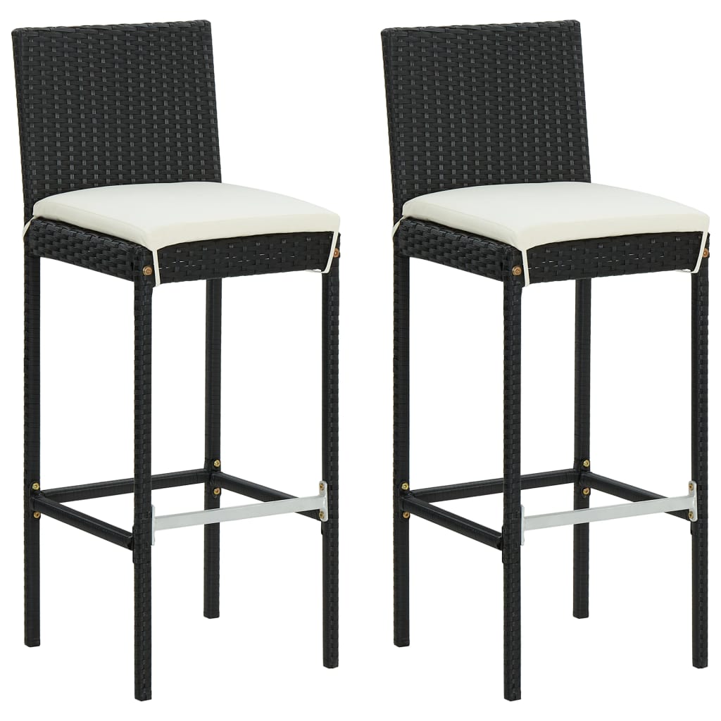 Stylish Black Poly Rattan Garden Bar Stools with Cushions - 2 pcs