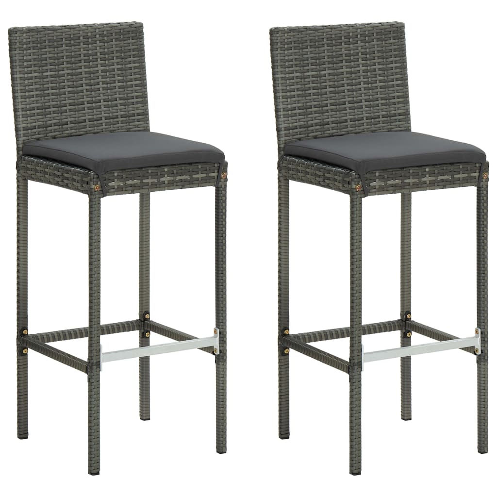 Grey Poly Rattan Garden Bar Stools with Cushions - Set of 2