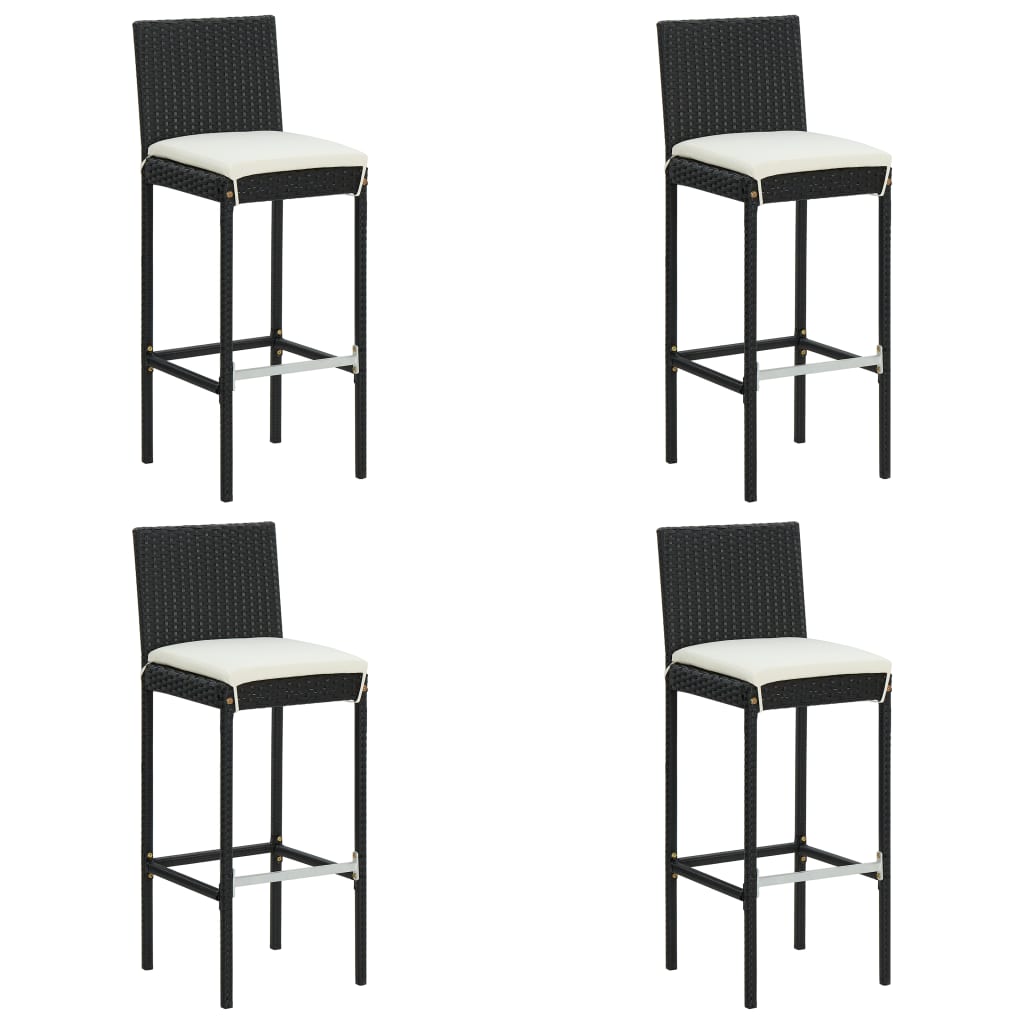 Black Poly Rattan Garden Bar Stools with Cushions, Set of 4