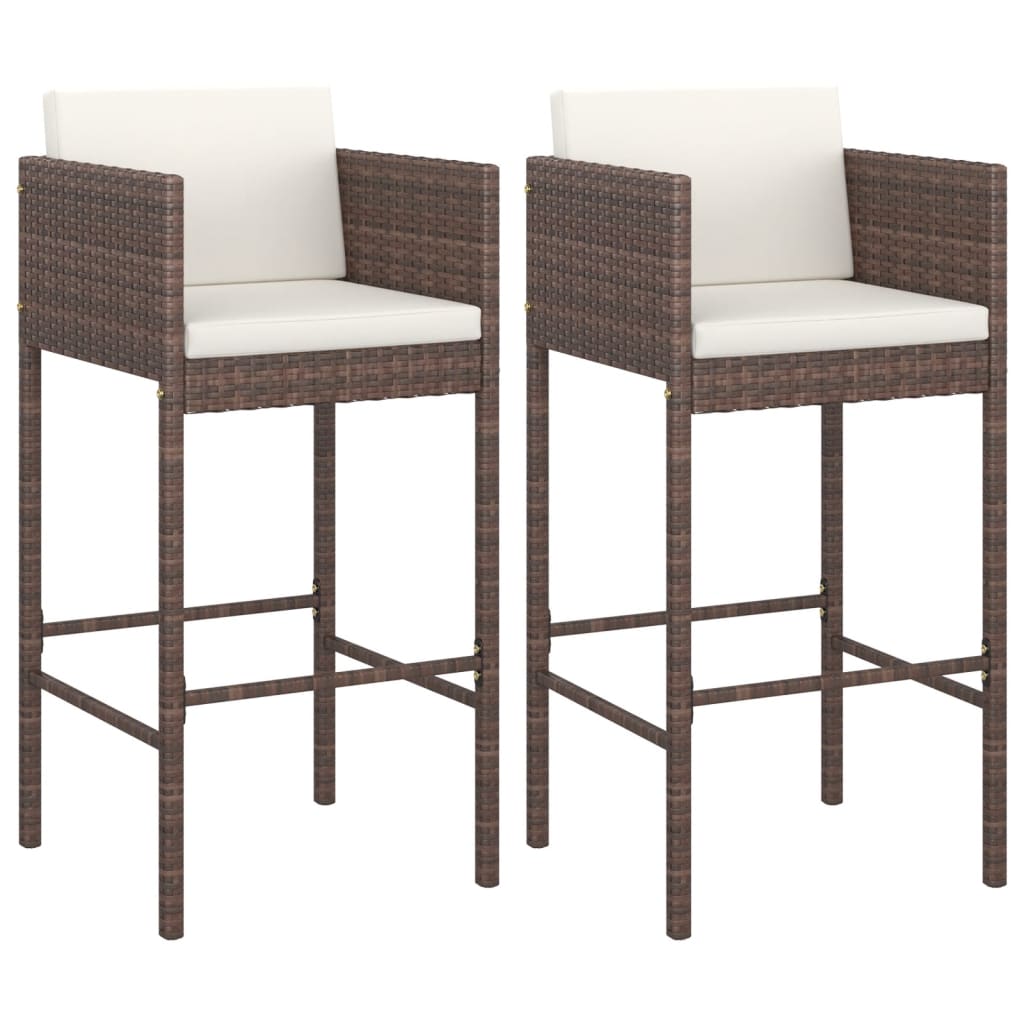 Brown Poly Rattan Bar Stools Set of 2 with Cushions