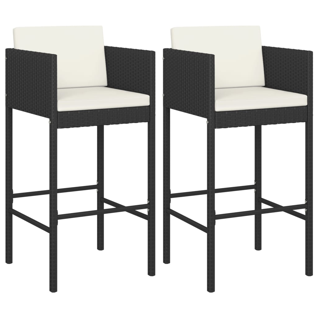 Black Poly Rattan Bar Stools Set of 2 with Cushions