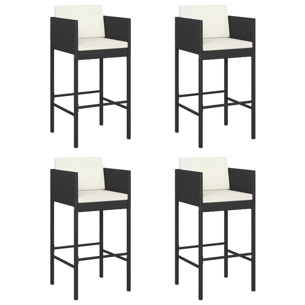 Black Poly Rattan Bar Stools Set of 4 with Cushions