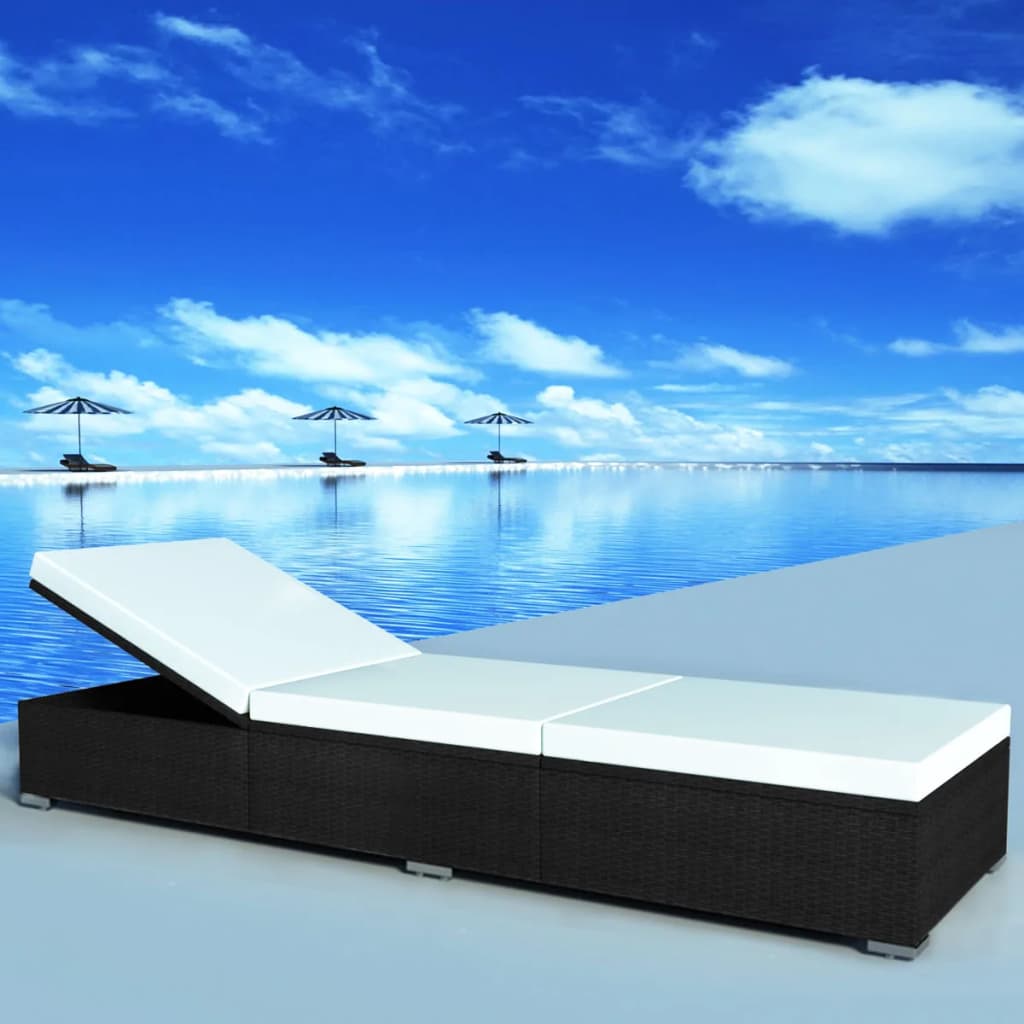 Elegant Black Poly Rattan Sun Lounger with Cream White Cushion