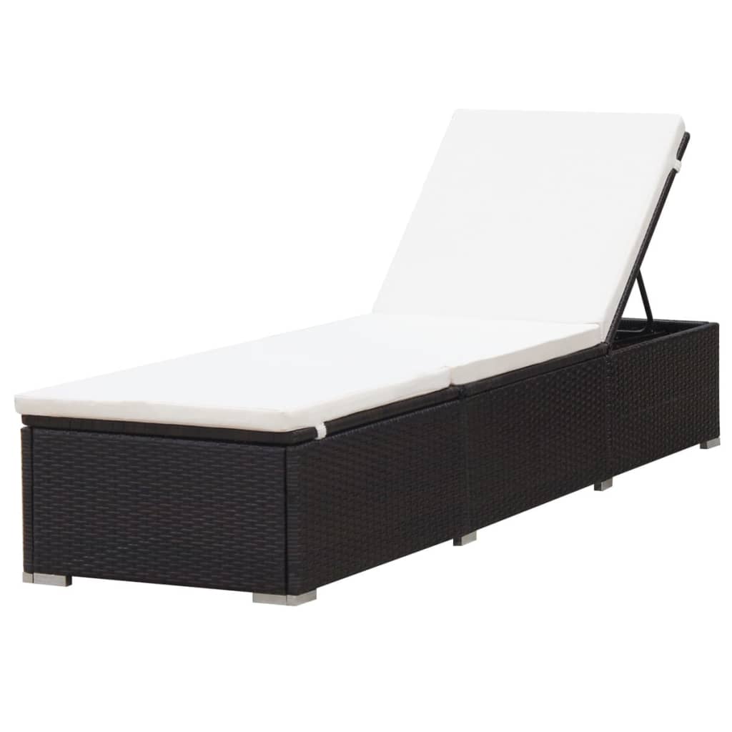 Poly Rattan Sun Lounger w/ Cream White Cushion, Brown Finish