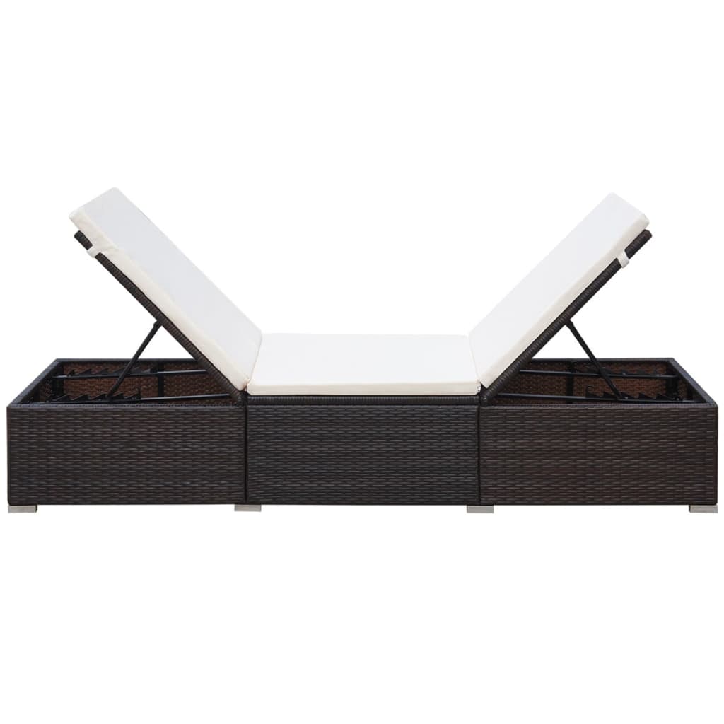 Poly Rattan Sun Lounger w/ Cream White Cushion, Brown Finish