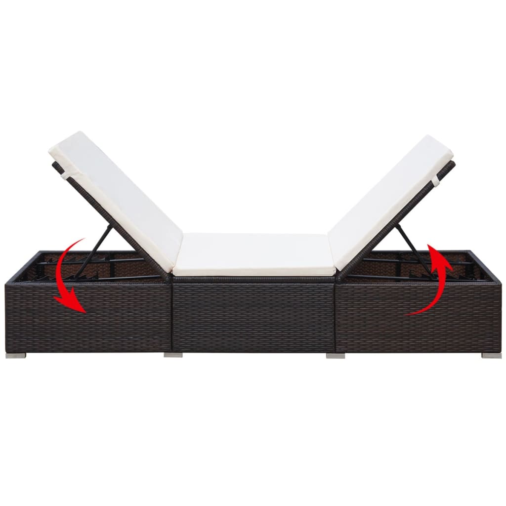 Poly Rattan Sun Lounger w/ Cream White Cushion, Brown Finish