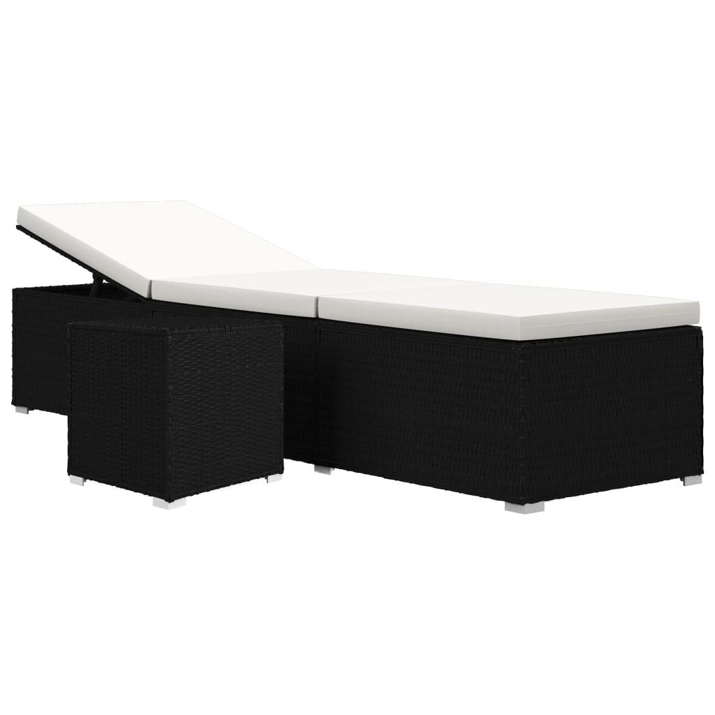 Black Poly Rattan Sun Lounger Set with Cushion & Tea Table