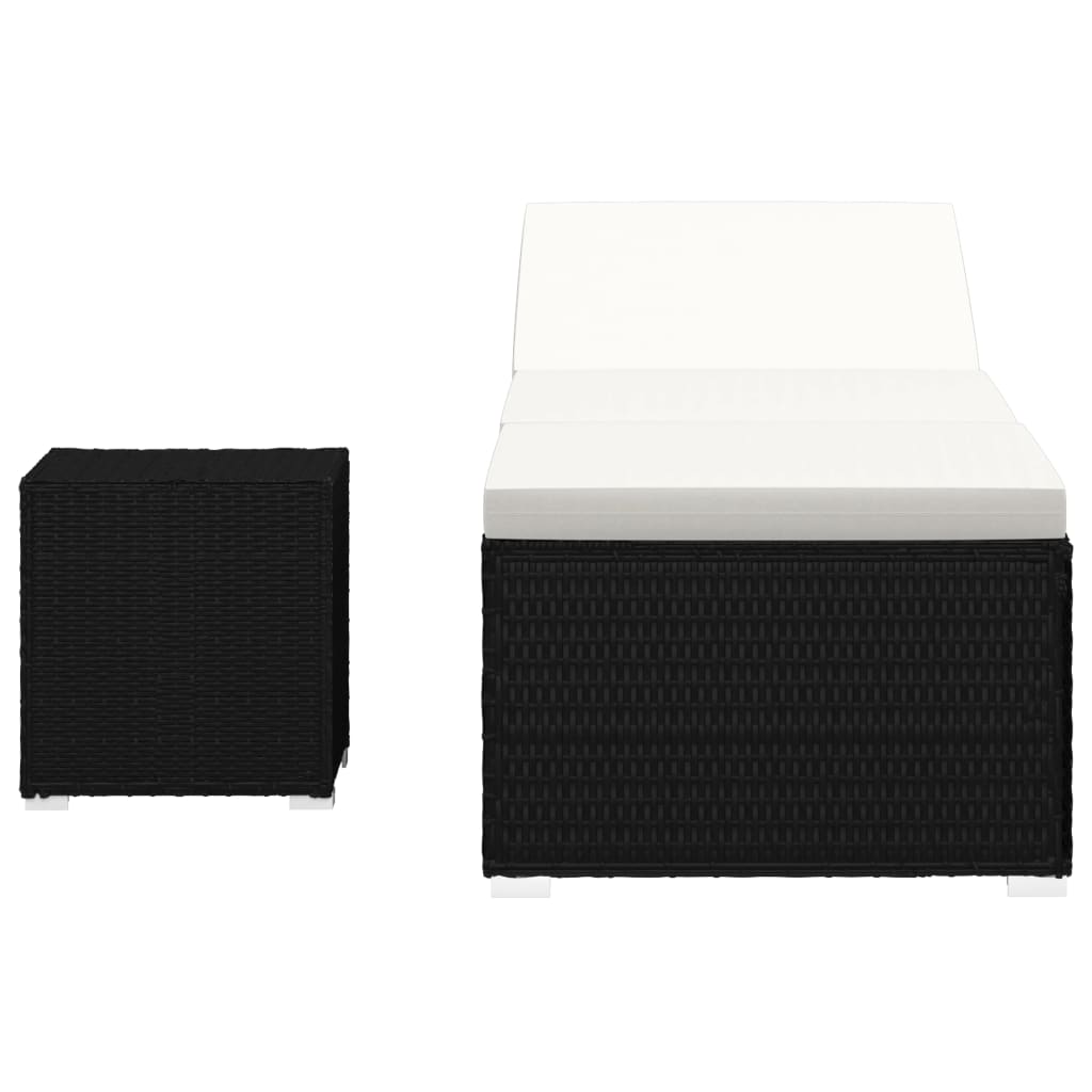 Black Poly Rattan Sun Lounger Set with Cushion & Tea Table